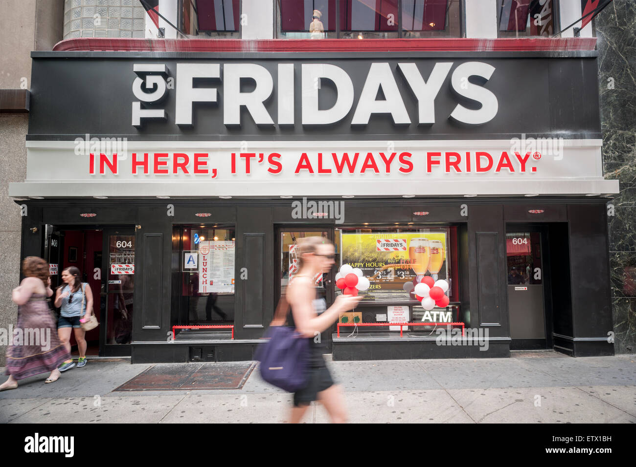 A spanking brand-new renovated T.G.I. Friday's franchise located on Fifth Avenue in New York on Thursday, June 11, 2015. The Riese Organization is the franchise holder for the restaurant in New York. They have had the NY franchise since 1986, in perpetuity, covering a seven-mile circle from Columbus Circle. (© Richard B. Levine) Stock Photo