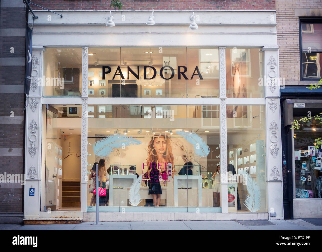 A store of the Pandora chain of jewelry stores in Soho in New York on Thursday, June 11, 2015. Pandora, a Danish company, is mostly associated with their charm bracelets. (© Richard B. Levine) Stock Photo