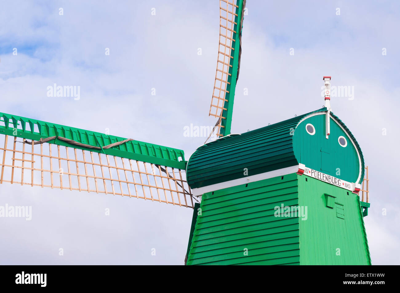detail of a green windmill in zaanse schans, netherlands Stock Photo