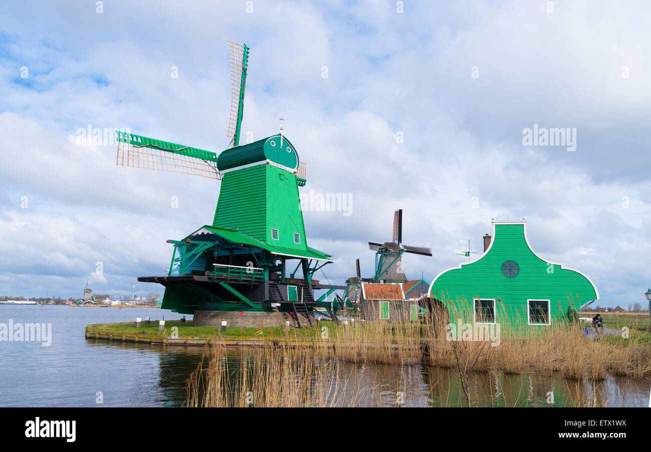 windmills in Zaanse Schans, netherlands, a famous open-air museum Stock Photo