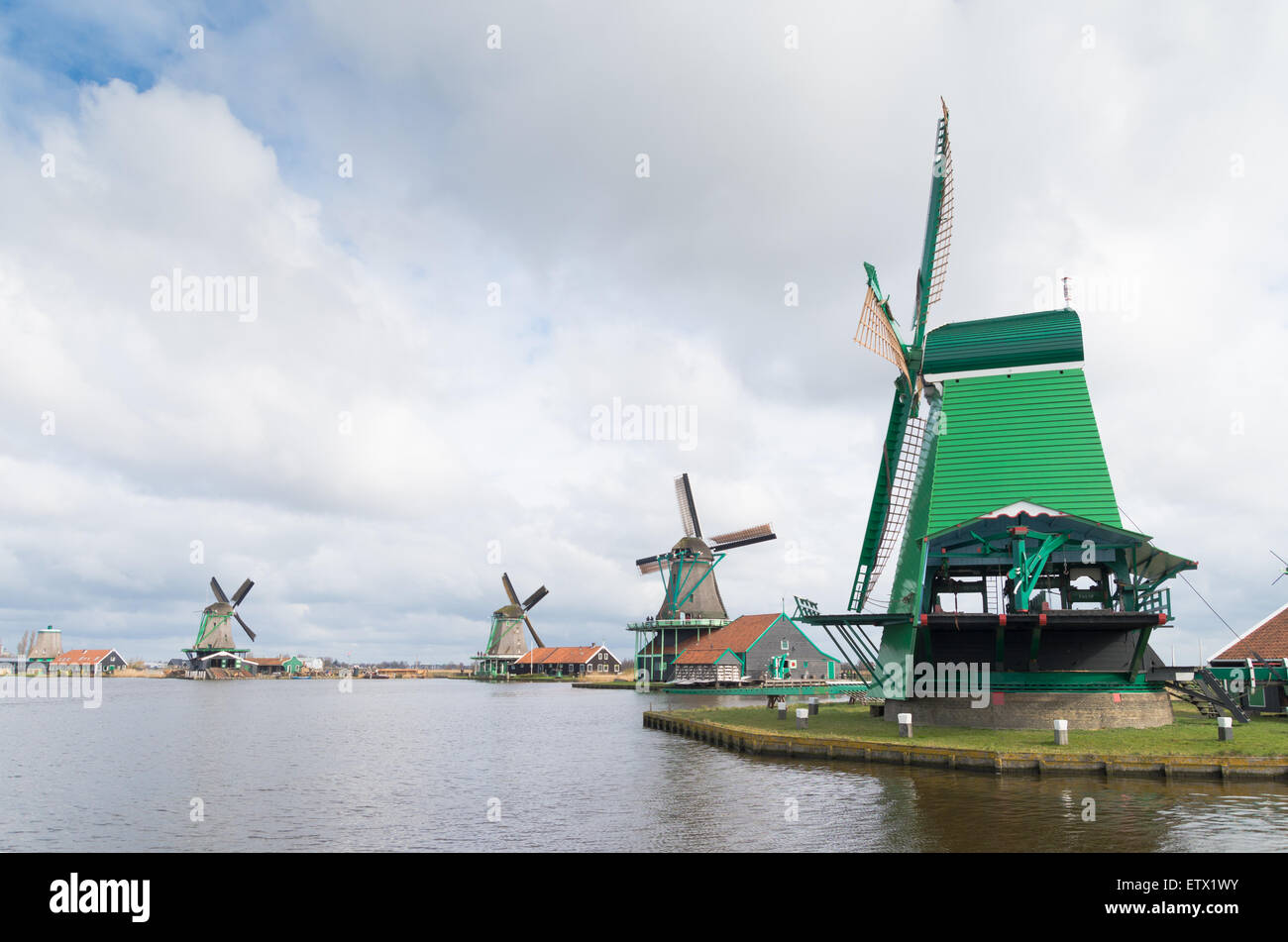 windmills in Zaanse Schans, netherlands, a famous open-air museum Stock Photo