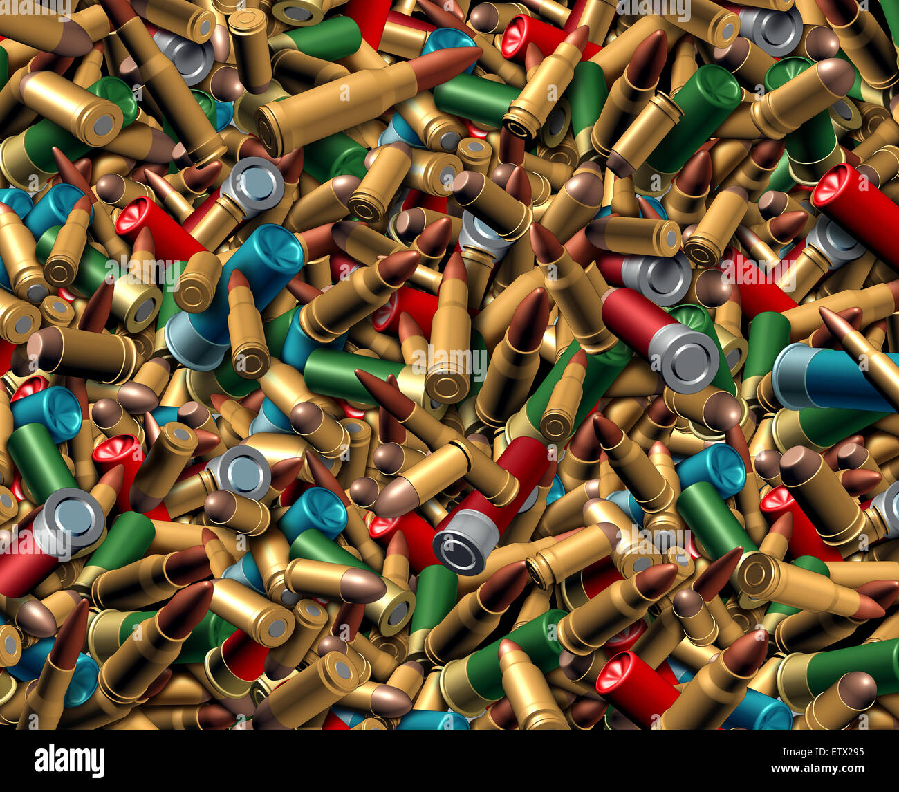 Ammunition bullets background as a dangerous explosives concept with a group of different calibre ammo representing the risk of Stock Photo