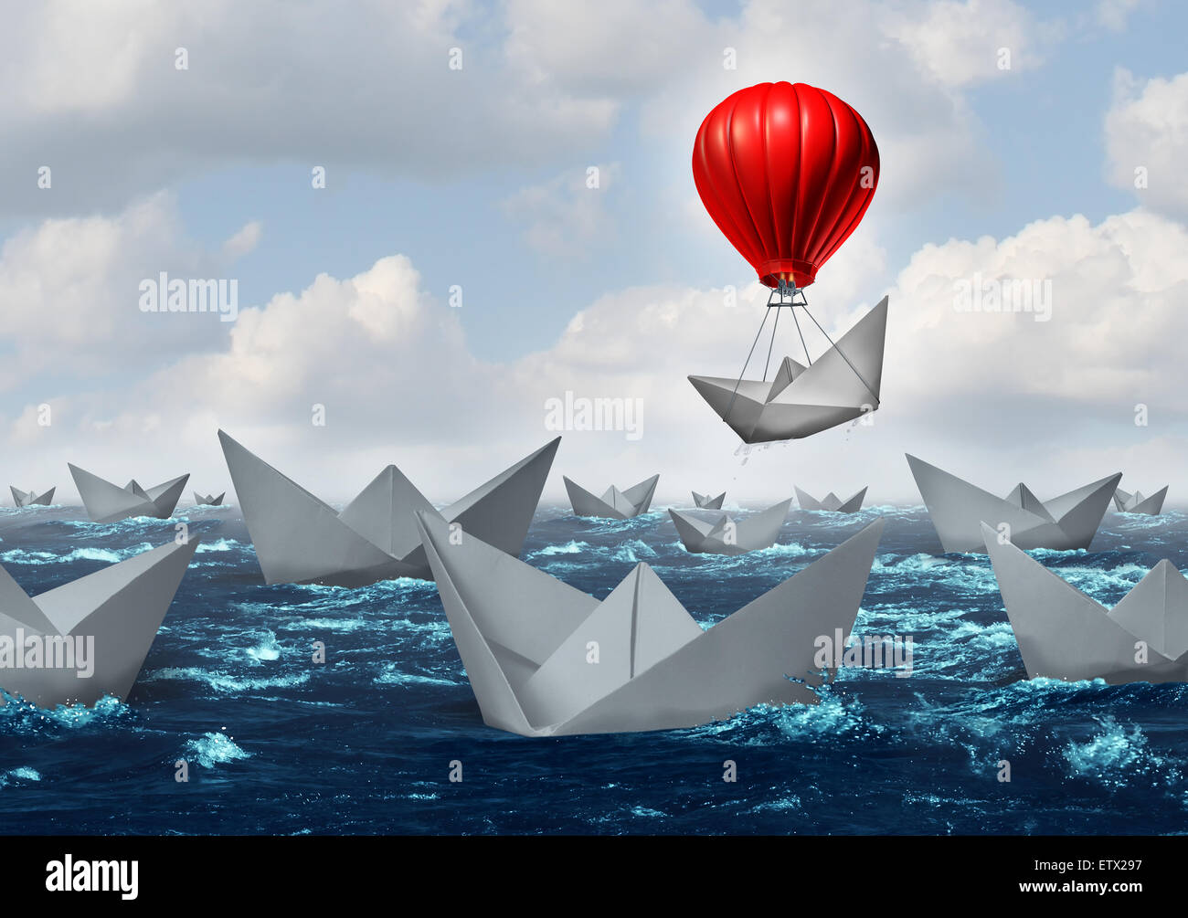 Business advantage concept and game changer symbol as an ocean with a crowd of paper boats and one boat rises above the rest with the help of a red hot air balloon as a success and innovation metaphor for new thinking. Stock Photo
