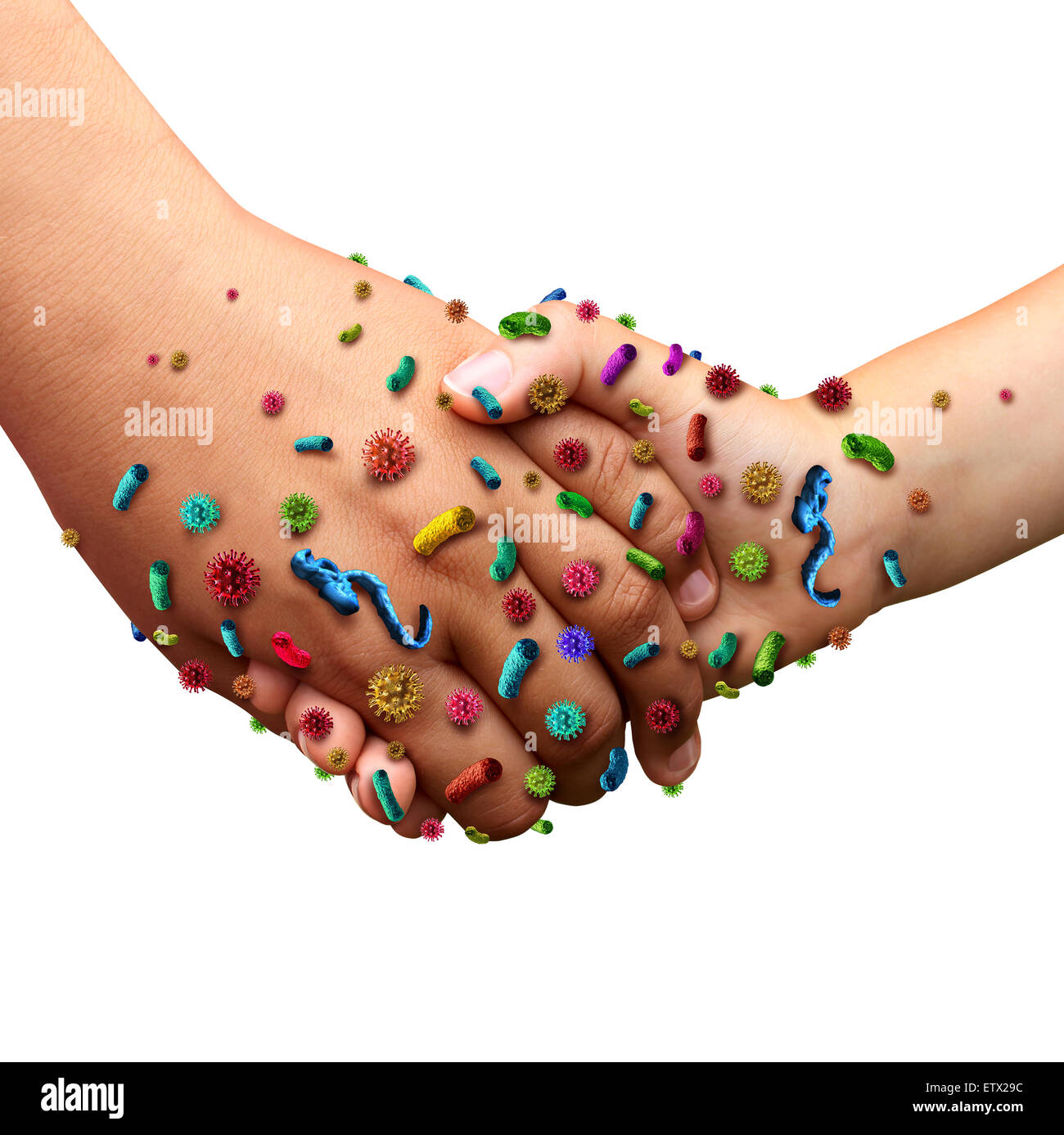 Infectious diseases spread hygiene concept as people holding hands with germ virus and bacteria spreading with illness in public as a health care risk concept to not wash your hands as dirty infected fingers and palm  with contagious pathogens. Stock Photo