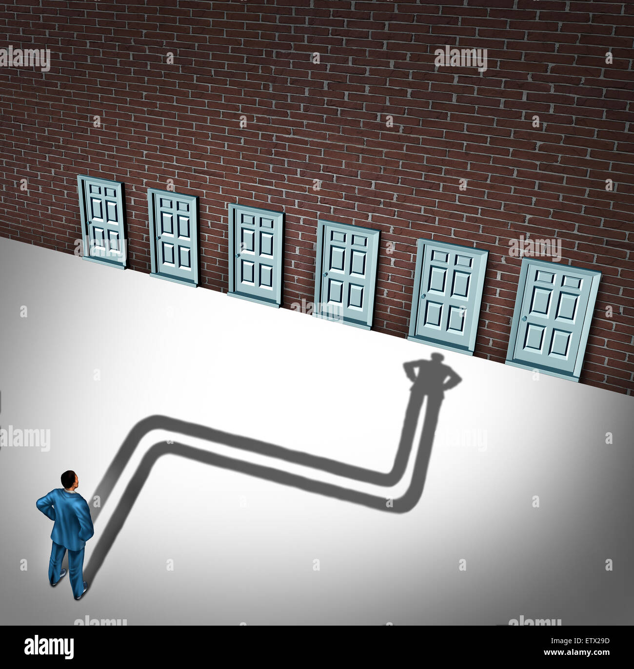 Making a choice opportunity concept as a businessman facing a group of career opportunities with his cast shadow preferring or choosing one door entrance as a symbol and metaphor for odds of career success. Stock Photo