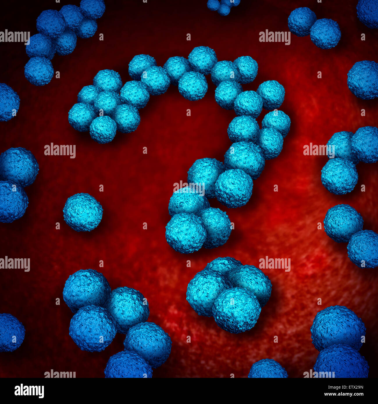 Superbug infection questions as multidrug resistant bacteria or MRSA medical healthcare concept and antimicrobial resistance health risk symbol as a three dimensional illustration of bacterium infection inside shaped as a question mark. Stock Photo