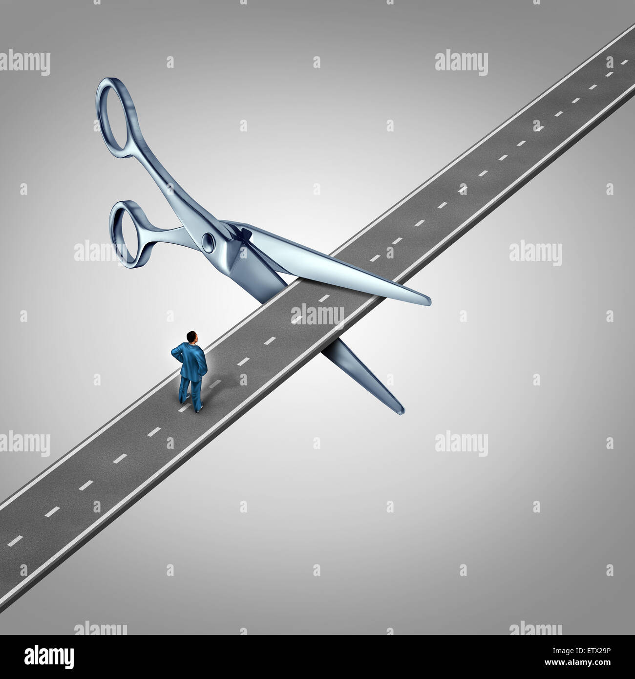 Work interruption concept and interrupted career path as a businessman on a road  that is being cut by scissors as a layoff metaphor and symbol for job and employment limits or cutting benefits and opportunity for promotion or advancement. Stock Photo