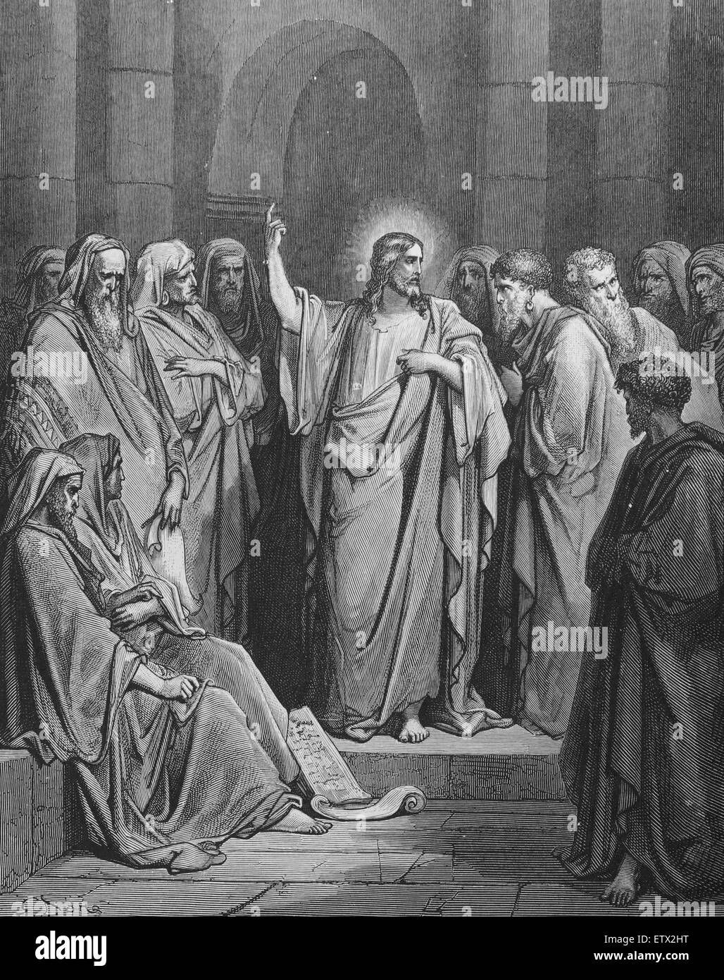 New Testament. Christ in the Synagogue. Matthew 13: 54, 55. Engraving by Gustave Dore. 19th century. Stock Photo