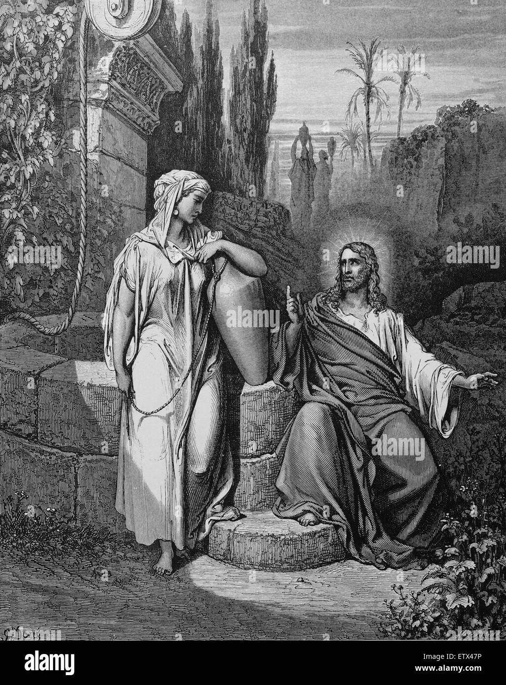 New Testament. Jesus and the woman of Samaria. John, 4:9. Engraving by Gustave Dore, 19th century. Stock Photo