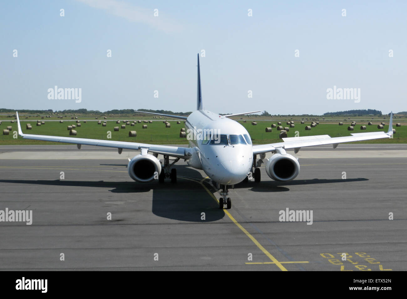 Tinnum, Germany, Embraer ERJ-195LR of Lufthansa on the apron of the airport Sylt Stock Photo