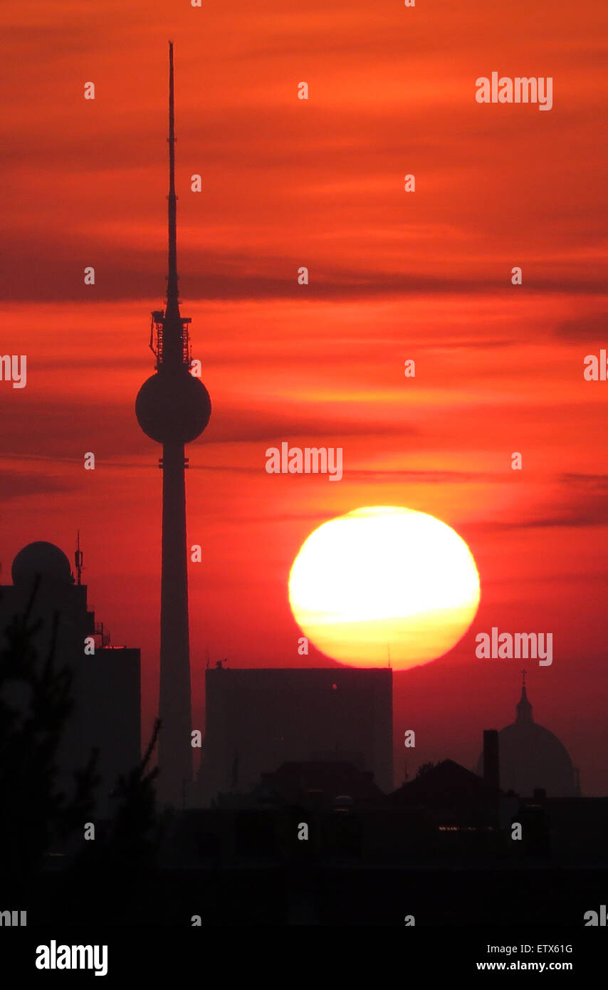 Berlin, Germany, silhouette of Berlin TV Tower at Sunrise Stock Photo