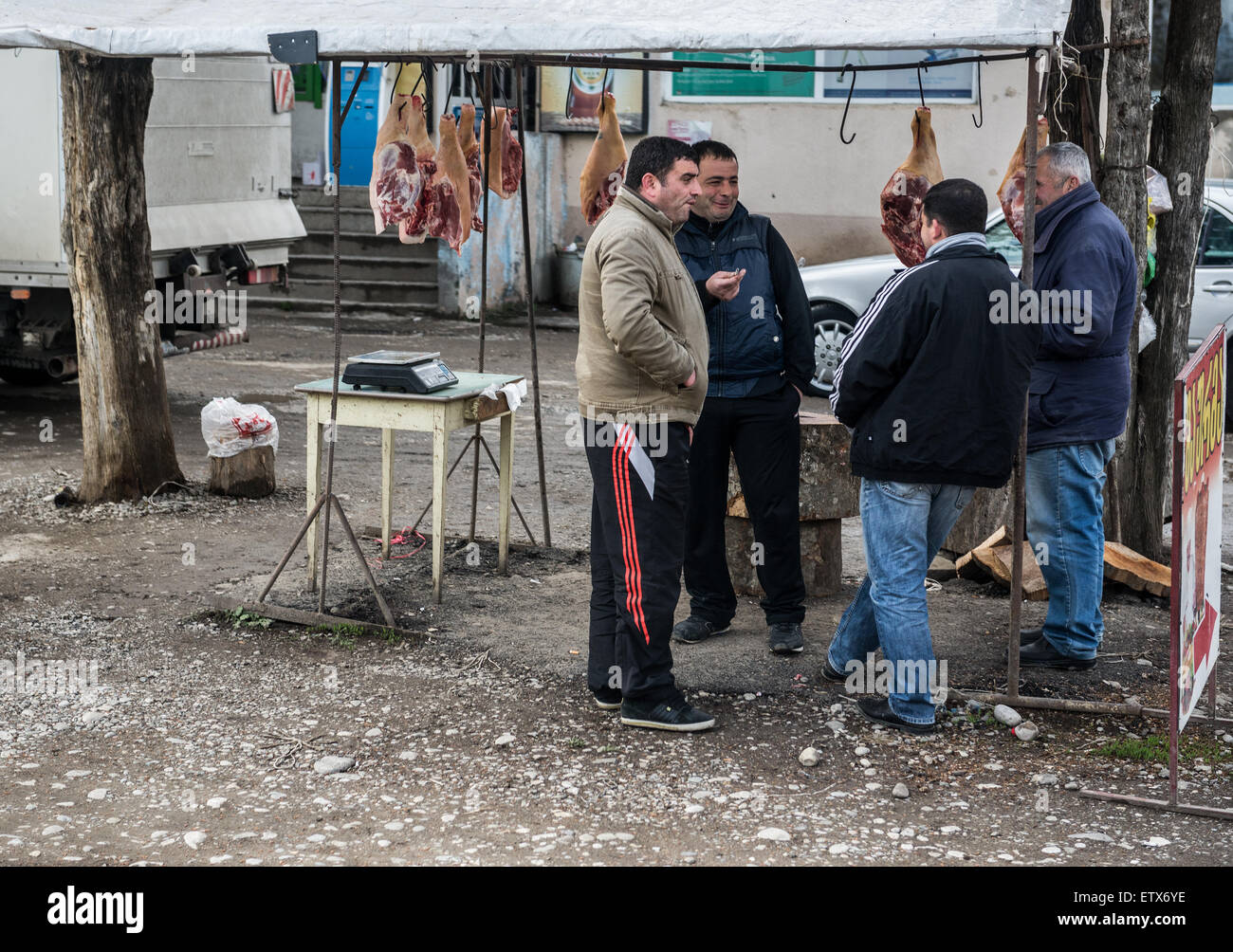 pieces of pork meat in front of butcher's shop in Georgia Stock Photo