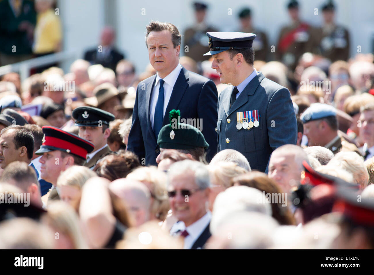 David Cameron, centre, arrives for the service of rededication of the Bastion Wall at the National memorial Arboretum Stock Photo
