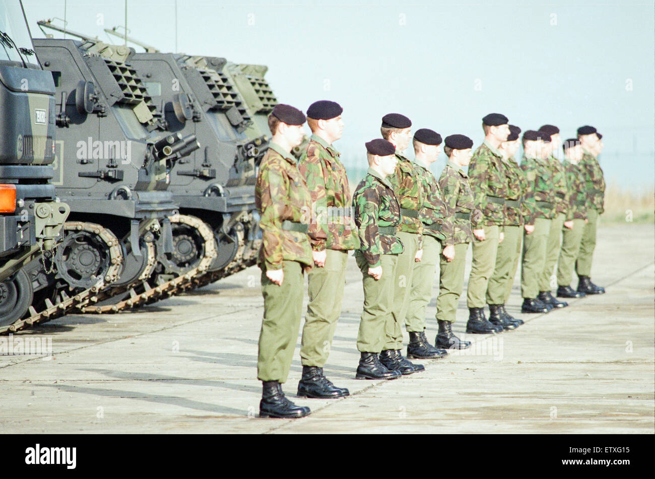 39th Regiment Royal Artillery, part of 1st Artillery Brigade, aka The Welsh Gunners,  showcase their Multiple Launch Rocket System at Albemarle Barracks, Northumberland, 9th November 1995. Stock Photo
