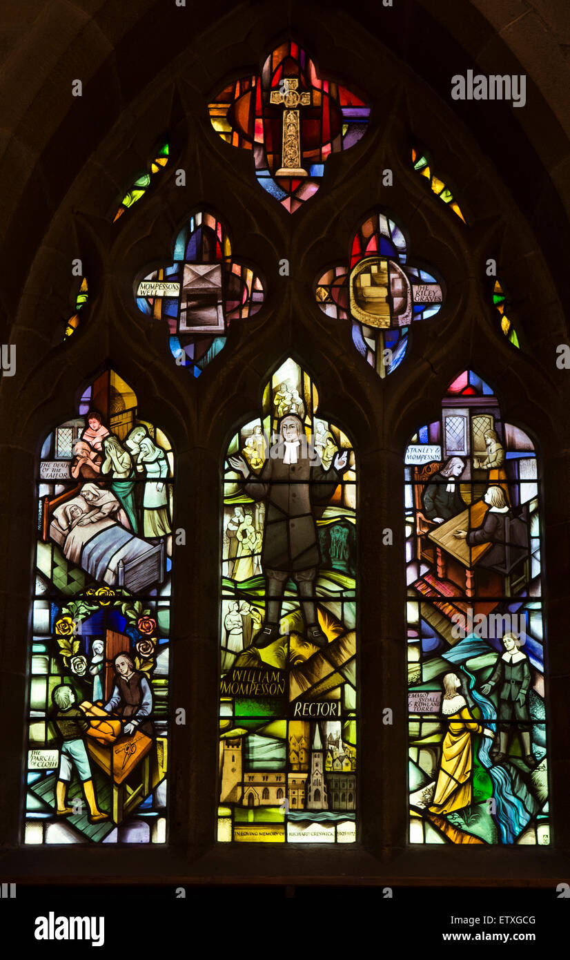UK, England, Derbyshire, Eyam, Parish Church of St Lawrence, Richard Creswick plague memorial window Stock Photo