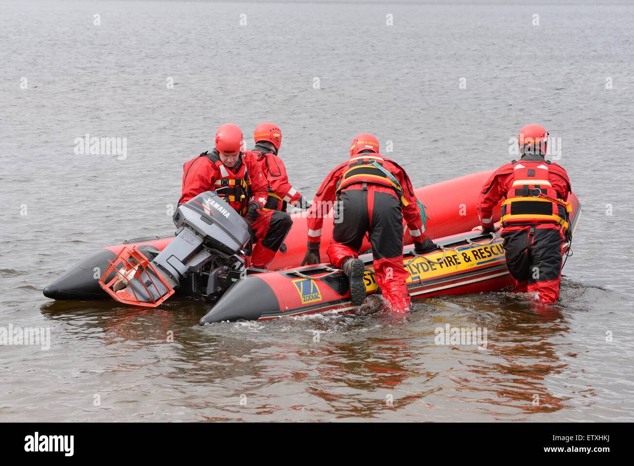 Fire service boat rescue team prepare to embark on a training exercise Stock Photo