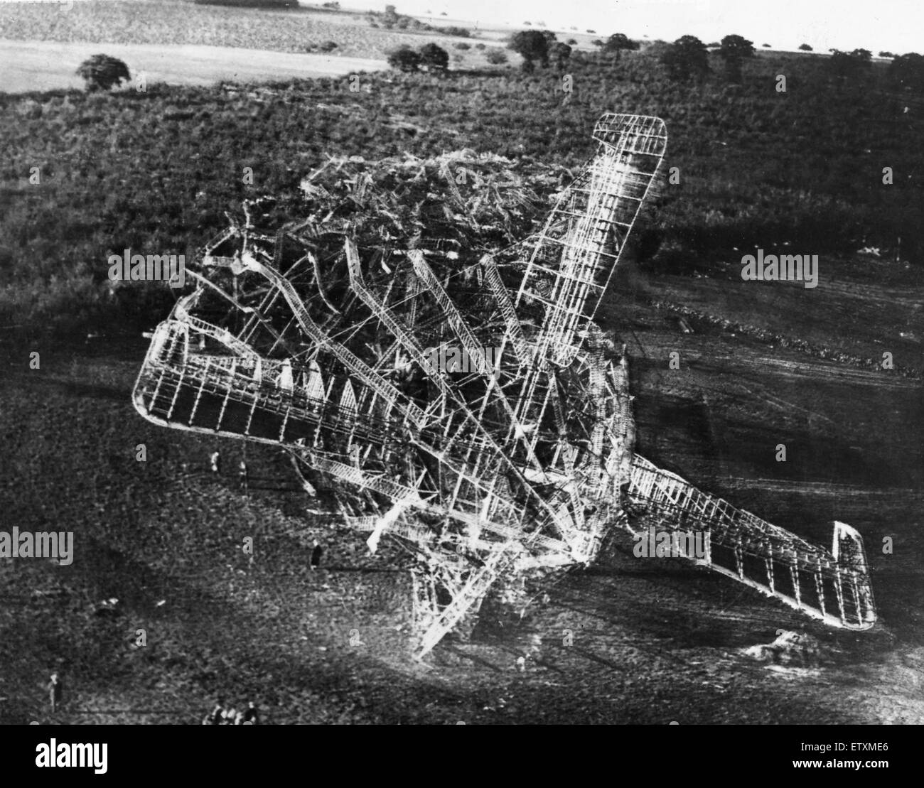 Aerial view of the wreckage of the R101 airship that crashed into a hill near Beauvais, France, in the early hours of the 5th October killing 48 of her 54 crew and passengers. The airship had been making her way to India on her maiden overseas flight when Stock Photo