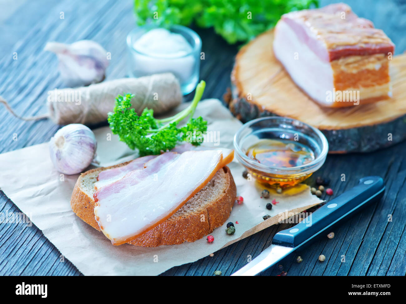 smoked lard with bread with aroma spice Stock Photo - Alamy