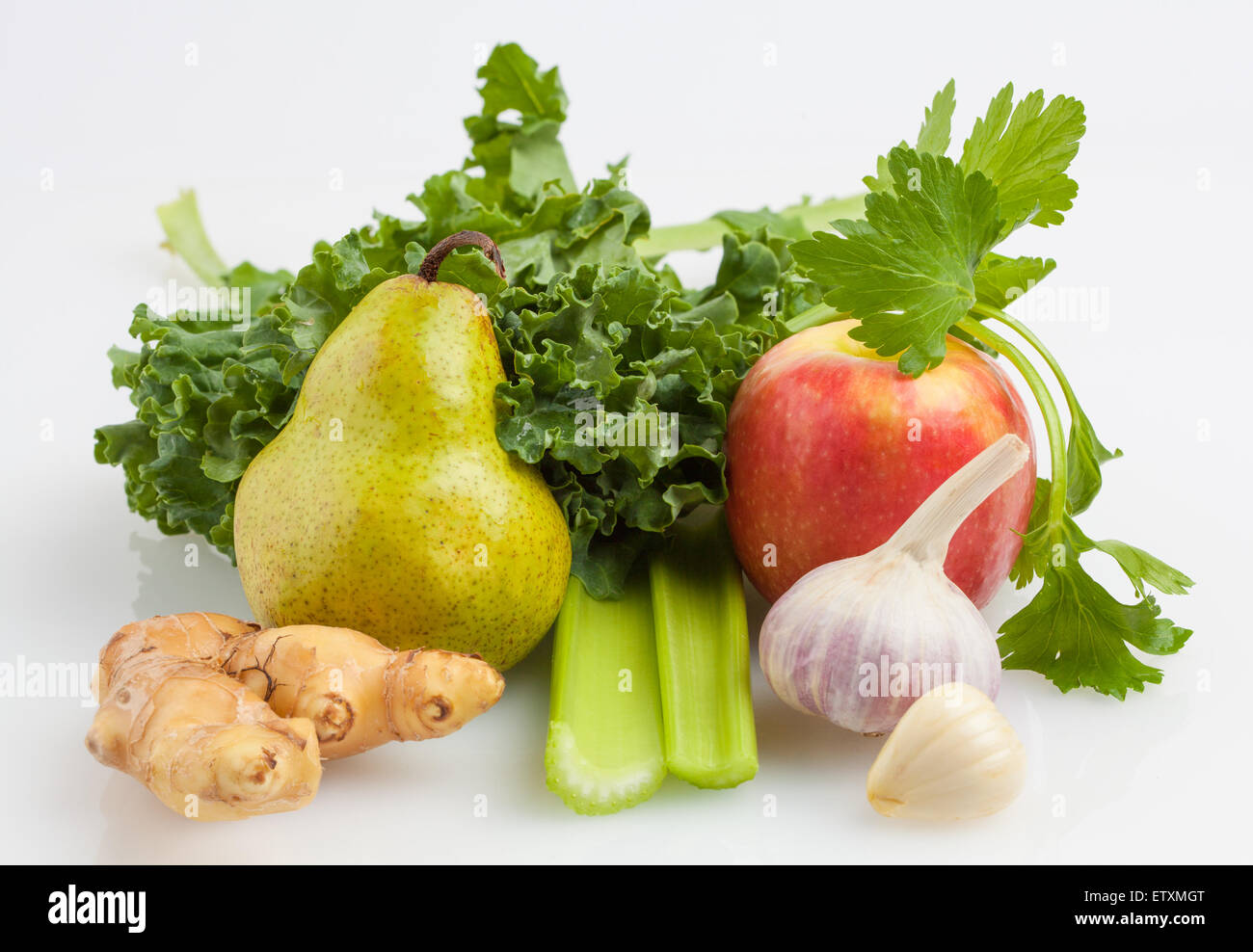 Ingredients for kale shake isolated on white background. Kale, celery