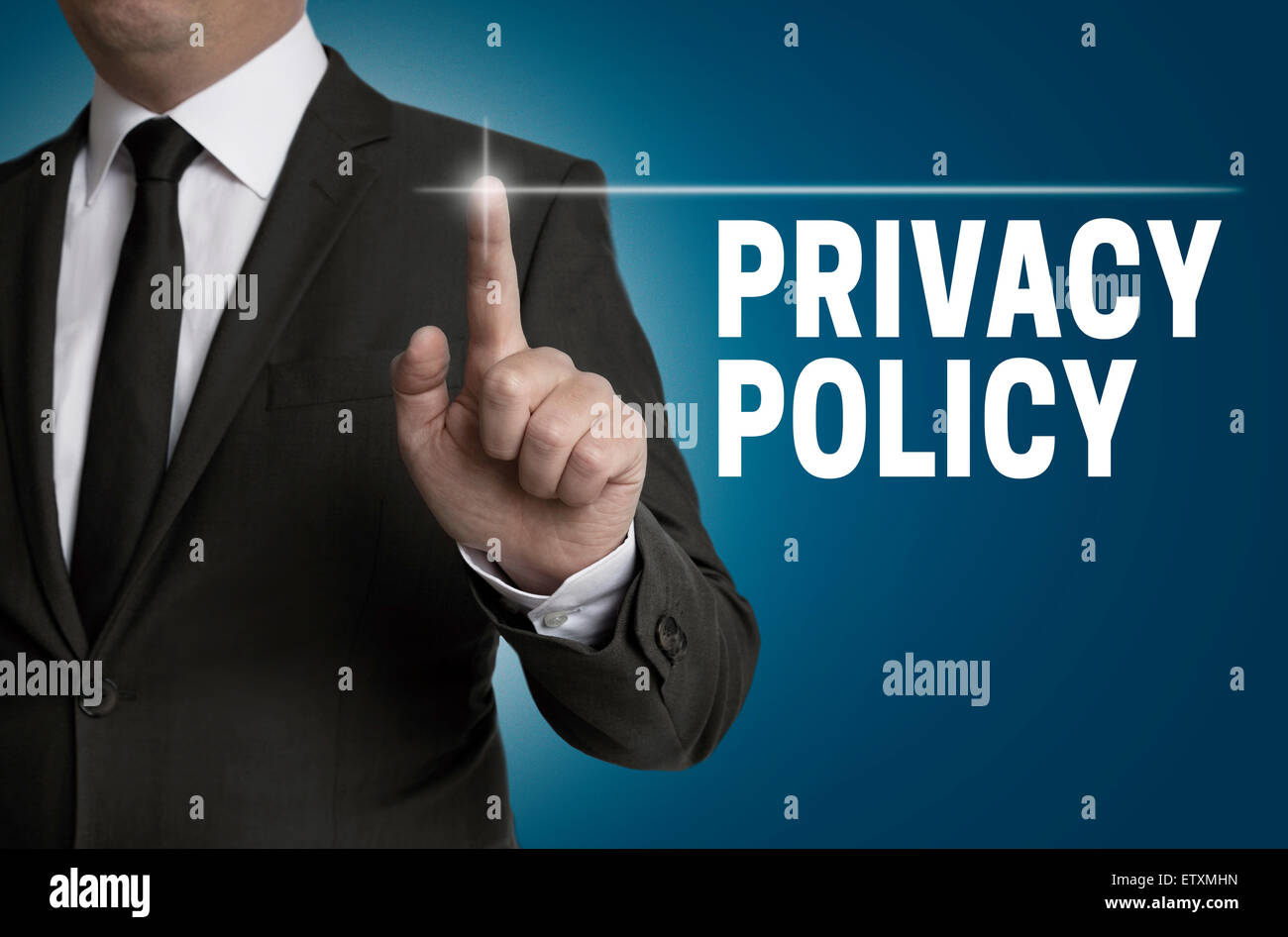 Privacy Policy touchscreen is operated by businessman. Stock Photo