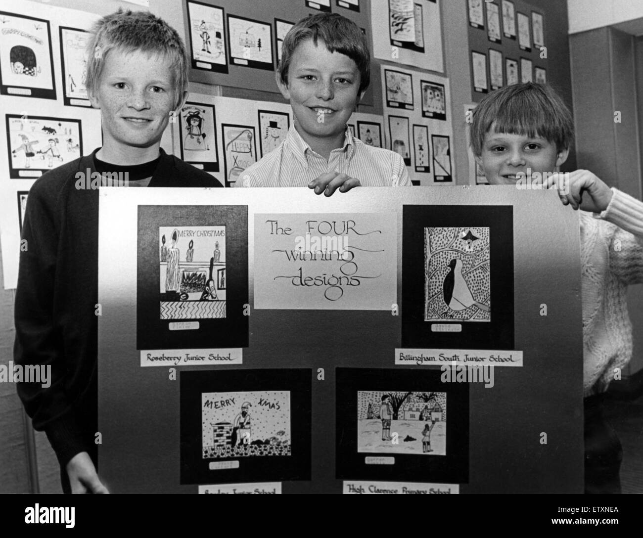 Pictured with the four winning designs in a Christmas card competition at Brunner Comprehensive School, Billingham, are the three winners - left to right Darren Gamble (High Clarence), David Atkinson (Billingham South) and Norman Finley (Roseberry Juniors Stock Photo