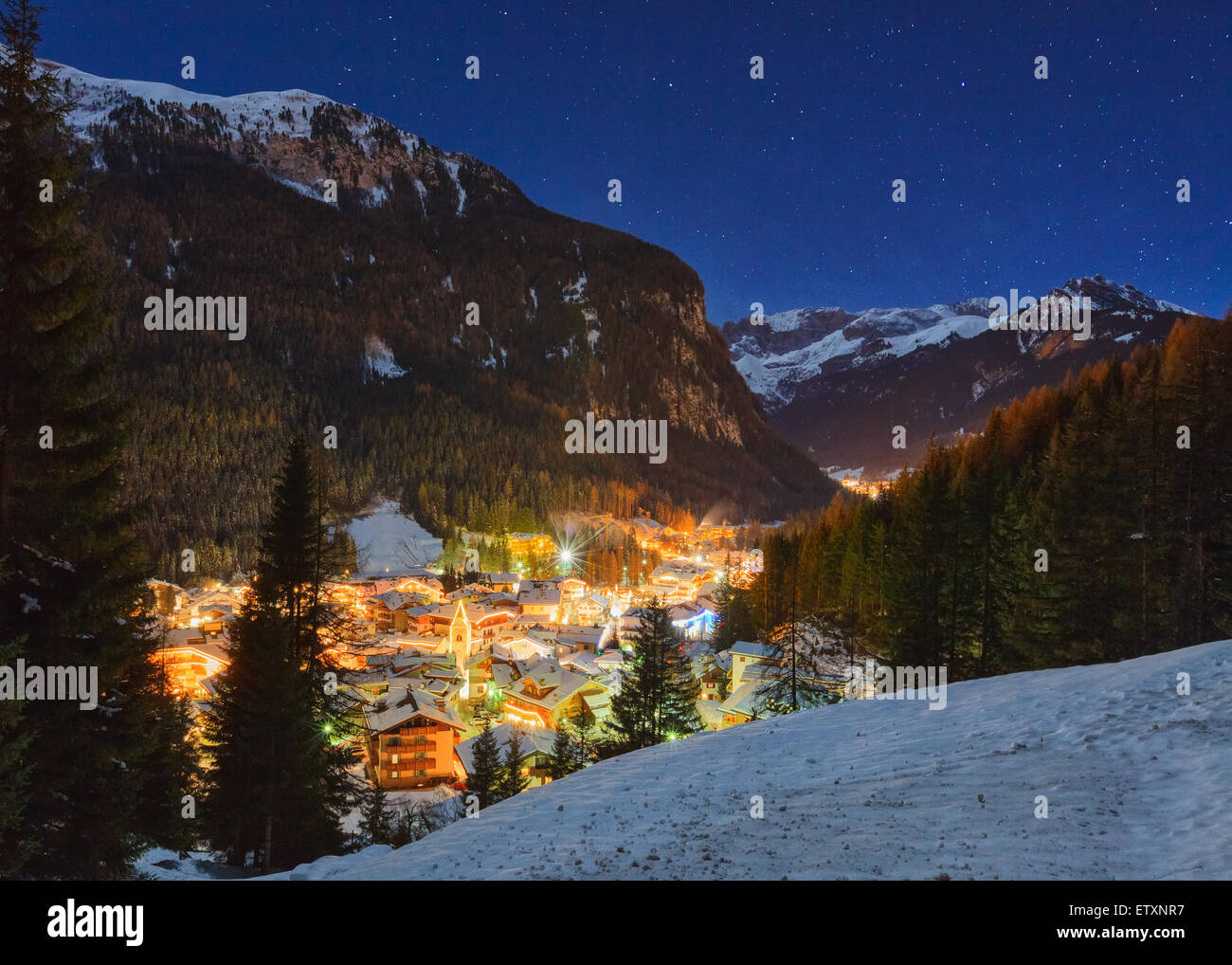 Winter landscape of village in the mountains Stock Photo