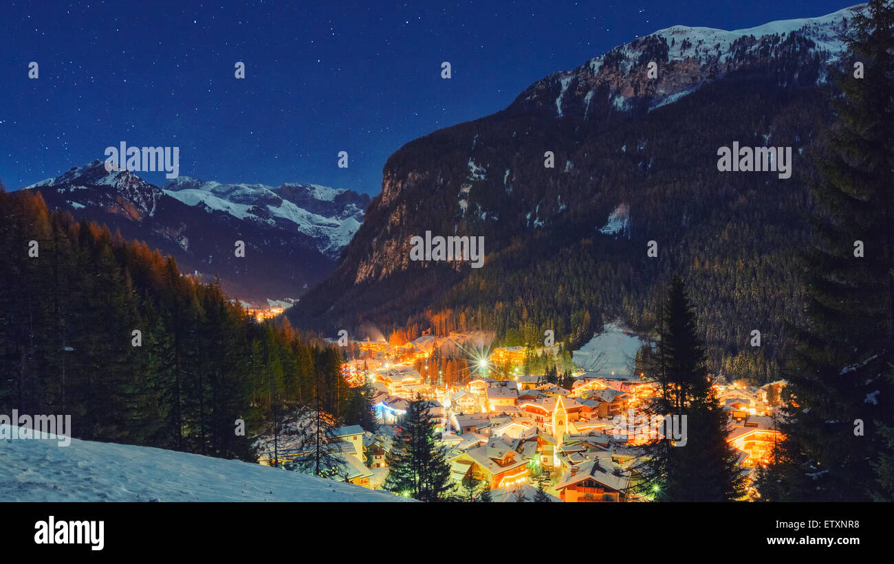 Winter landscape of village in the mountains Stock Photo