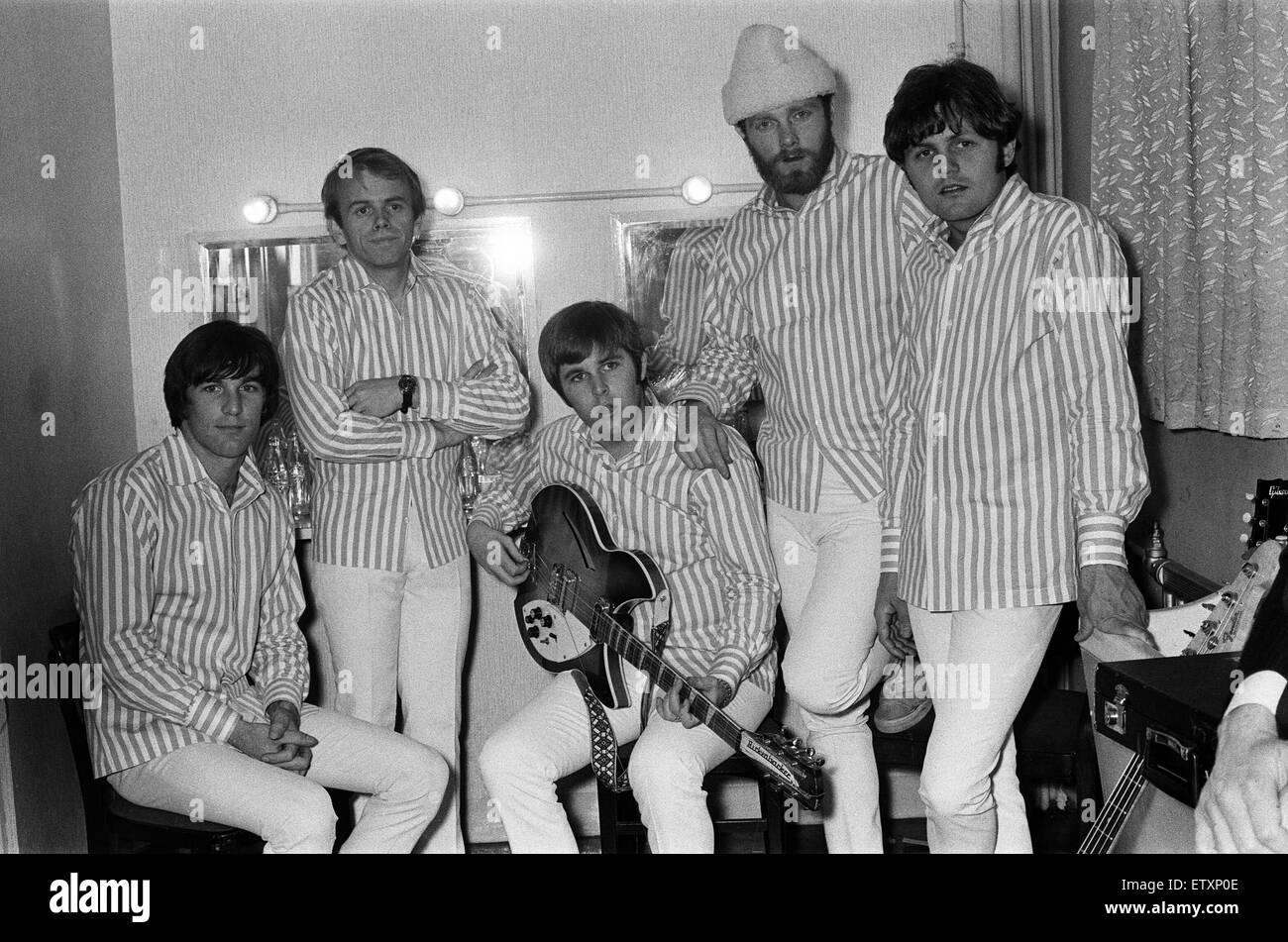 The Beach boys band members including Carl Wilson, Al Jardine, Bruce Johnston, Dennis Wilson and Mike Love, in London for a week's tour. 5th May 1967. Stock Photo