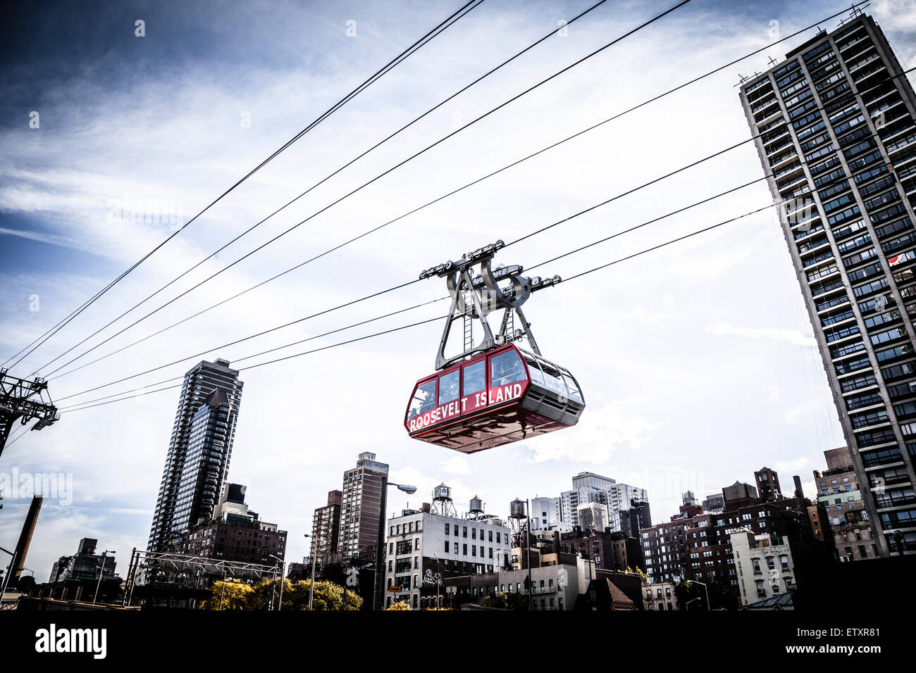 Roosevelt Island cable tram car that connects Roosevelt Island to Manhattan in New York Stock