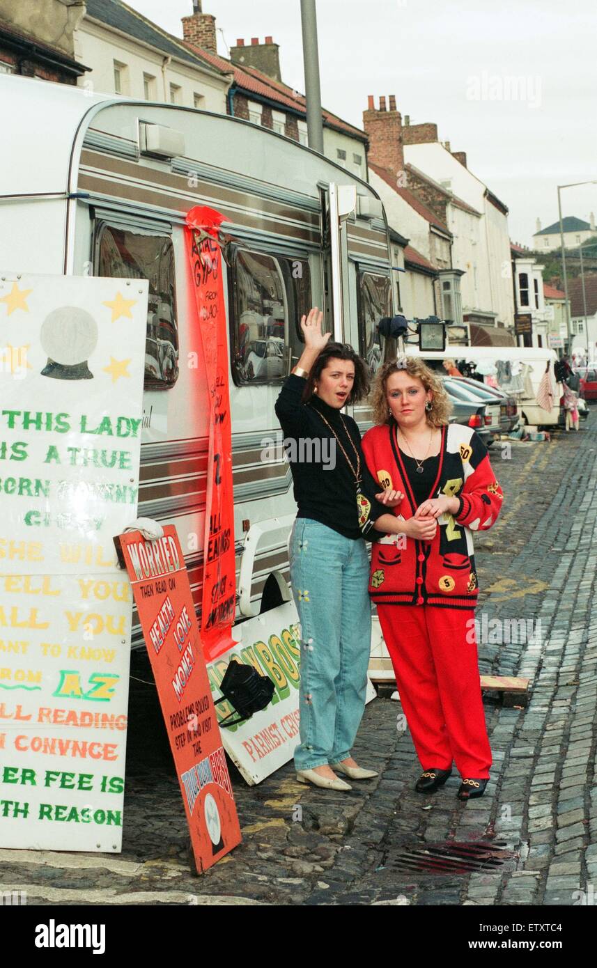 Fortune tellers outside their caravan during the annual Riding the Fair procession sets off from Yarm Town Hall. 23rd October 1993. Stock Photo