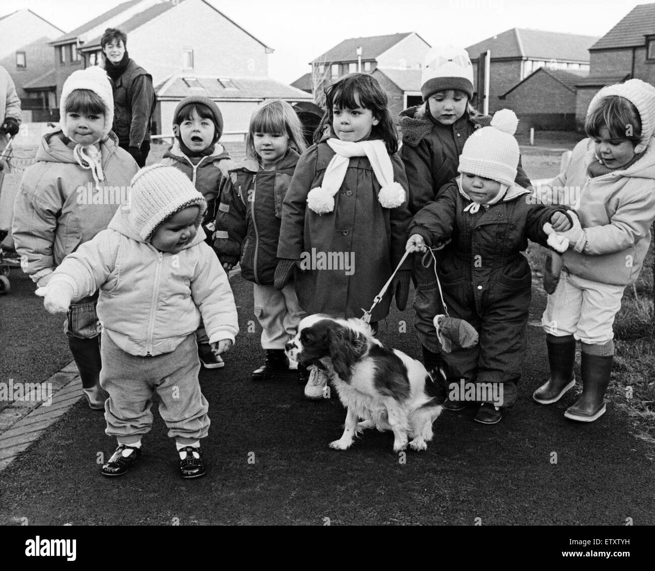 These toddlers took their first steps in fundraising in a bid to raise cash for a growing estate's  new playgroup. Ingleby Barwick, 11th February 1987. Stock Photo