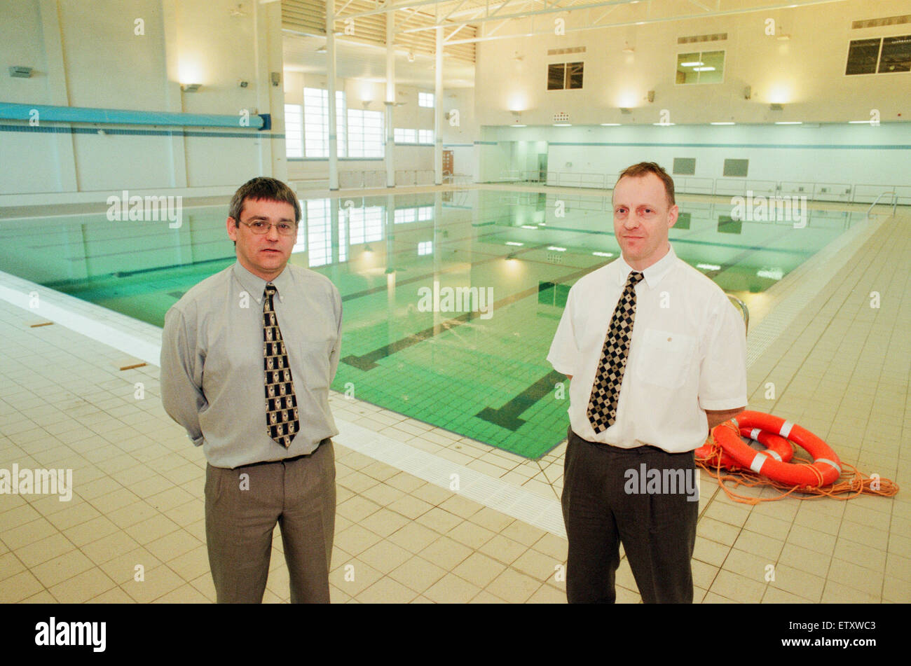 Berwick Hills new 25 metre pool at The Neptune Centre, Middlesbrough, 12th  March 1998. Pictured, Steve Chator (right) Middlesbrough Borough Council  Head of Leisure Management and Neptune Centre manager Steve Williams (left