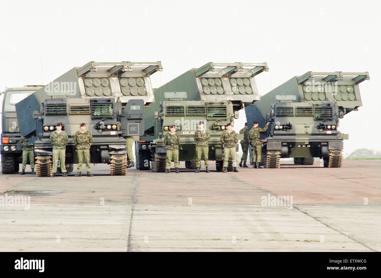 39th Regiment Royal Artillery, part of 1st Artillery Brigade, aka The Welsh Gunners,  showcase their Multiple Launch Rocket System at Albemarle Barracks, Northumberland, 9th November 1995. Stock Photo