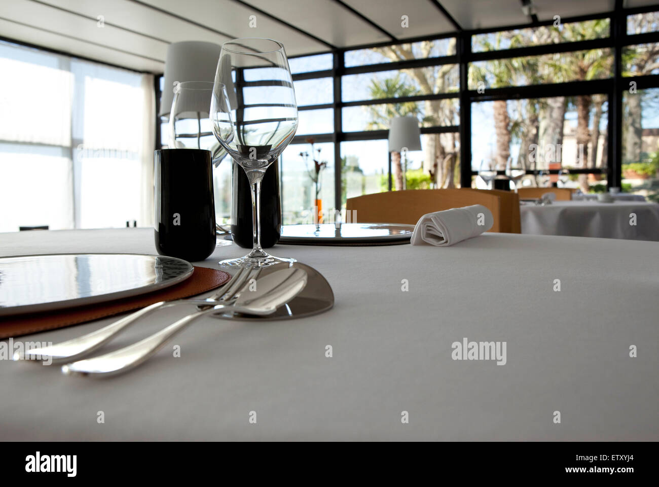 Table set up in a luxury French restaurant Stock Photo Alamy