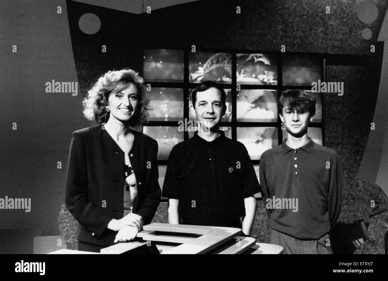 Jackie Bird (born 31 July 1962 in Bellshill, North Lanarkshire) is a Scottish journalist and newsreader, currently anchor of BBC Scotland's news programme Reporting Scotland. (Picture shows) Brian and Joseph with Superscots hostess Jackie Bird.  Circa Jan Stock Photo