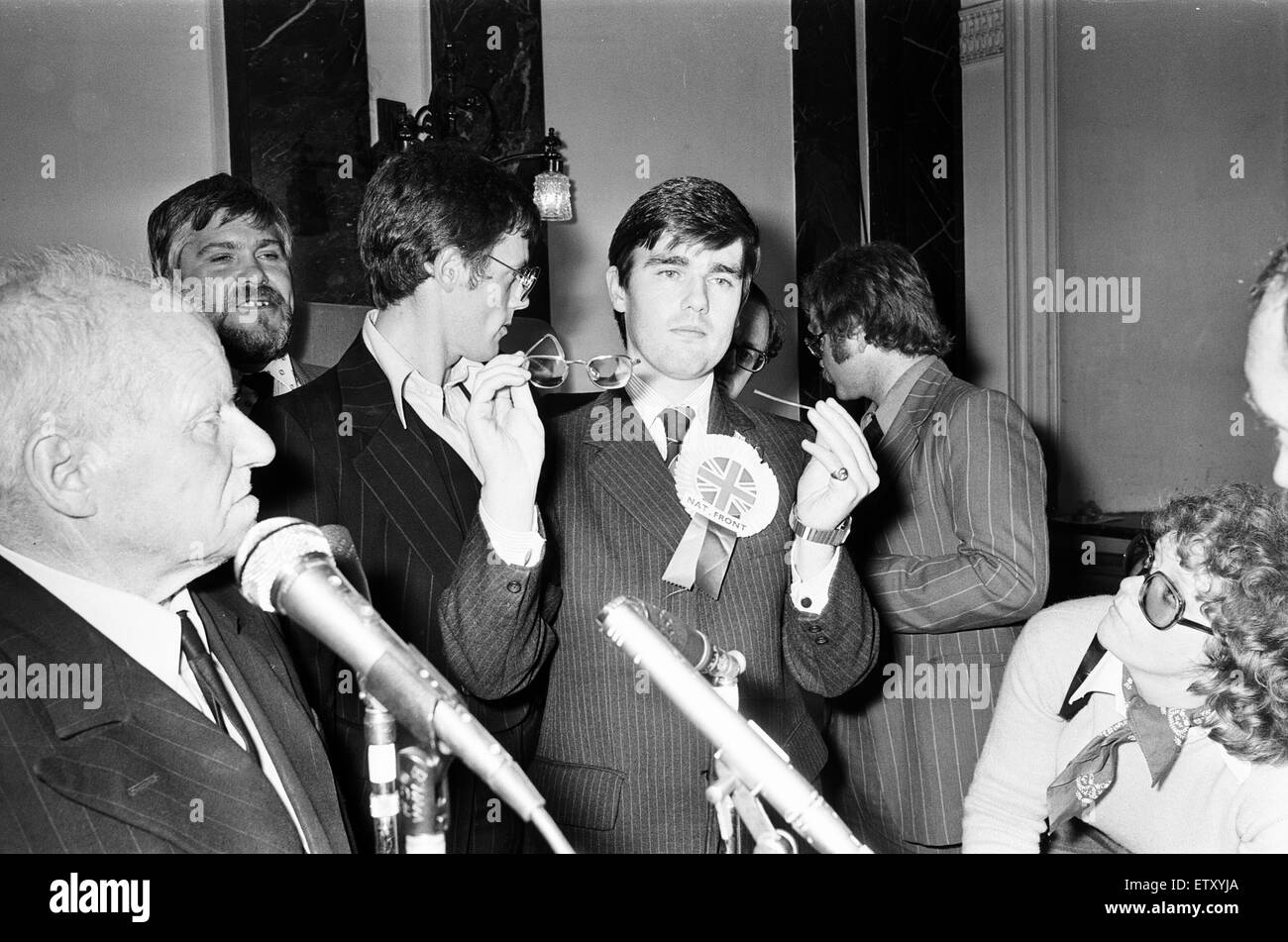 Ladywood, Birmingham, By-election, 18th August 1977. At the count, National Front candidate Anthony Reed Herbert, with broken glasses, after being punched by Socialist Unity candidate Raghib Ahsan. Stock Photo