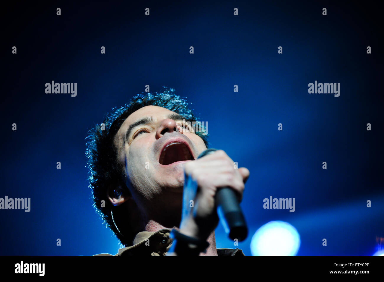 Rock band Train performing live on stage at the Barclaycard Arena in Birmingham  Featuring: Patrick Monahan Where: Birmingham, United Kingdom When: 25 Mar 2015 C Stock Photo