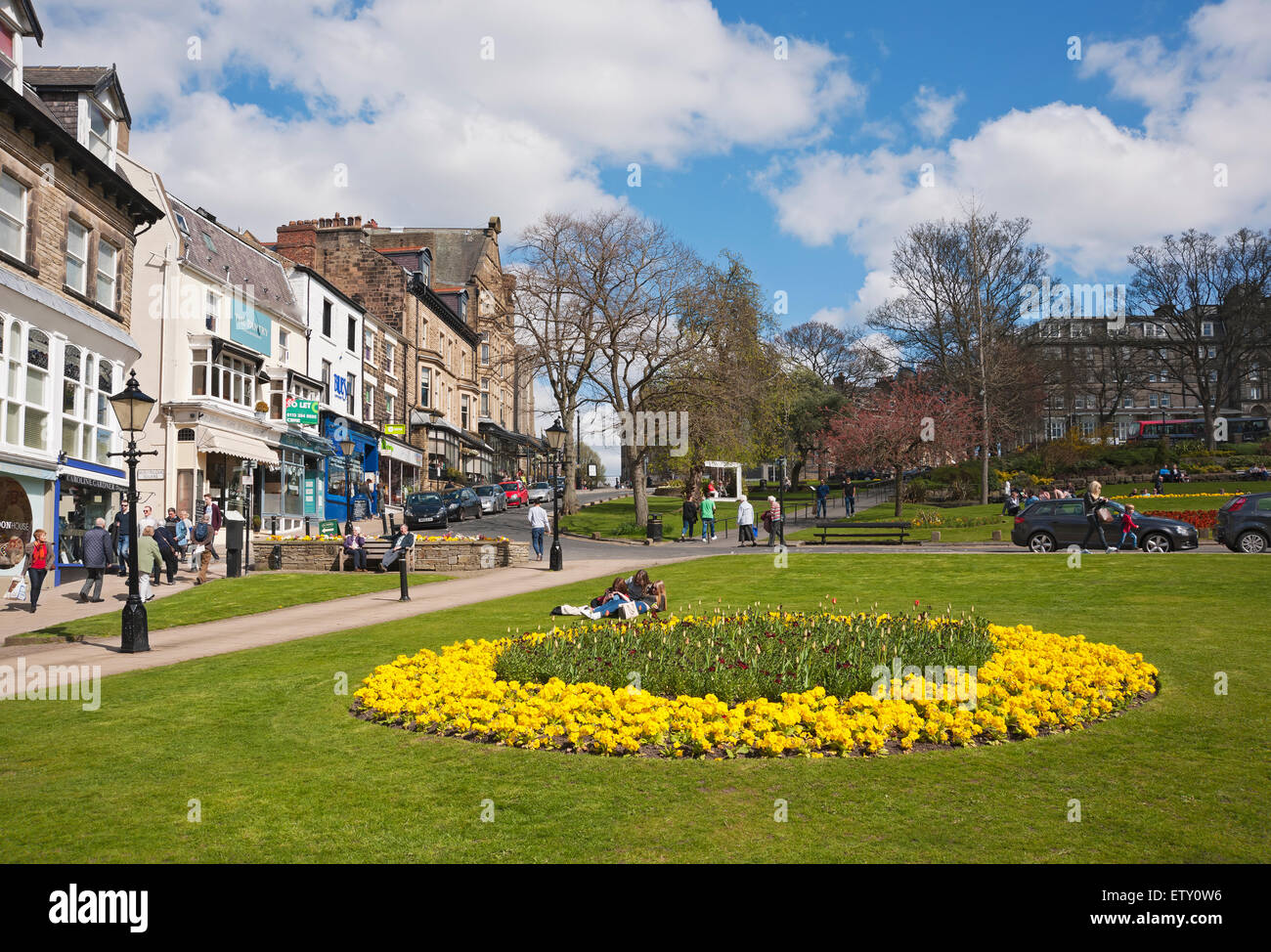 Shops and stores on Montpellier Parade and spring flowers Harrogate