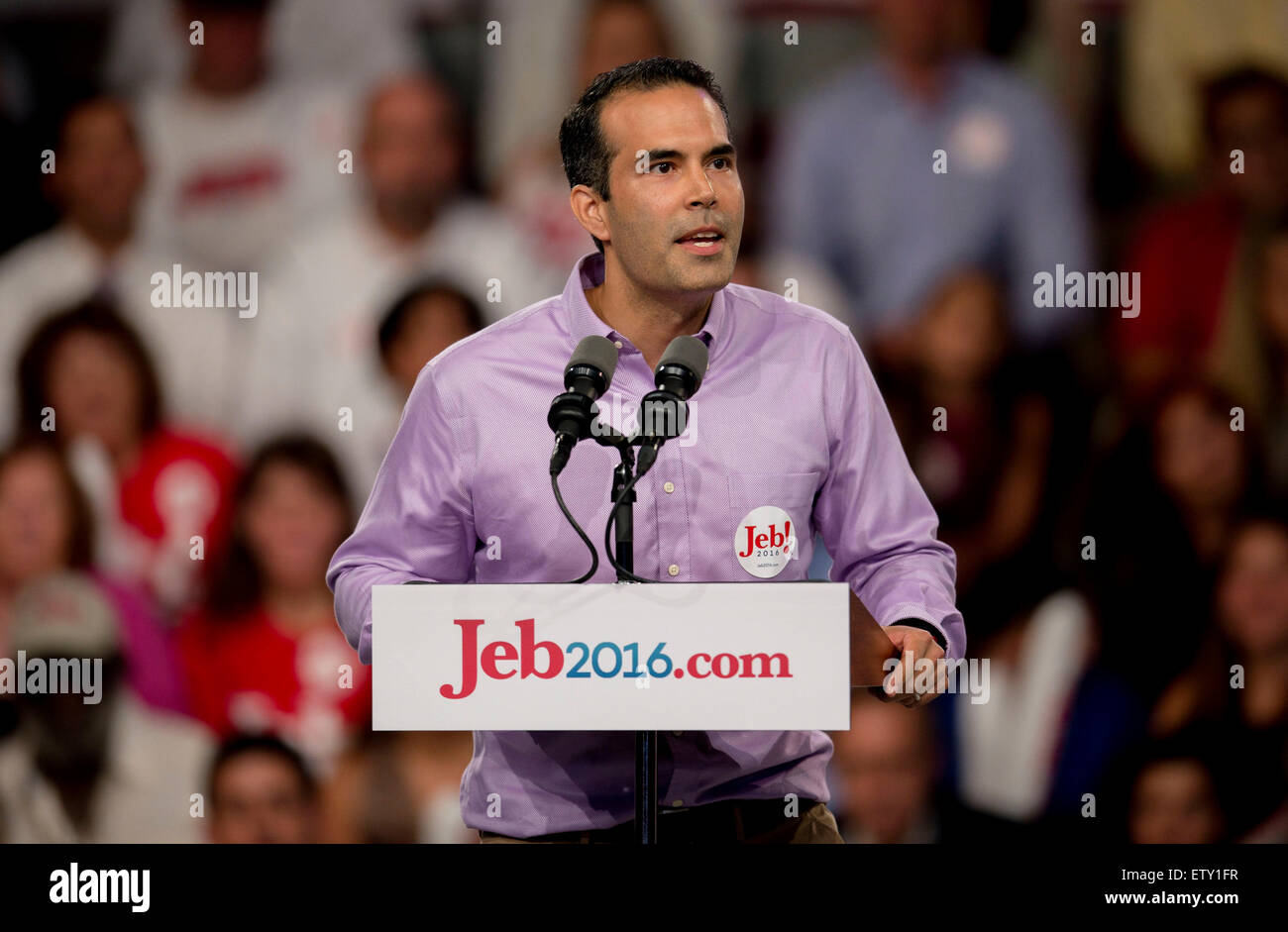 Miami, Florida, USA. 15th June, 2015. GEORGE P. BUSH, Texas Land Commissioner and son of former Florida Governor JEB BUSH, makes introductory remarks at his father's announcement at Miami-Dade College that he's seeking the Republican nomination to run for U.S. President in 2016. © Brian Cahn/ZUMA Wire/Alamy Live News Stock Photo