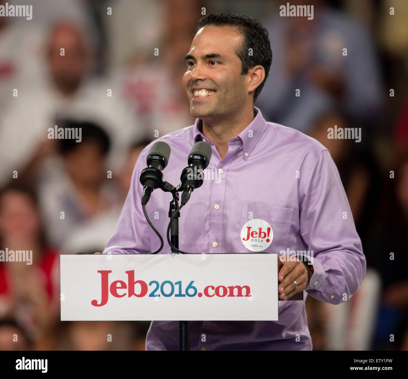 Miami, Florida, USA. 15th June, 2015. GEORGE P. BUSH, Texas Land Commissioner and son of former Florida Governor JEB BUSH, makes introductory remarks at his father's announcement at Miami-Dade College that he's seeking the Republican nomination to run for U.S. President in 2016. © Brian Cahn/ZUMA Wire/Alamy Live News Stock Photo