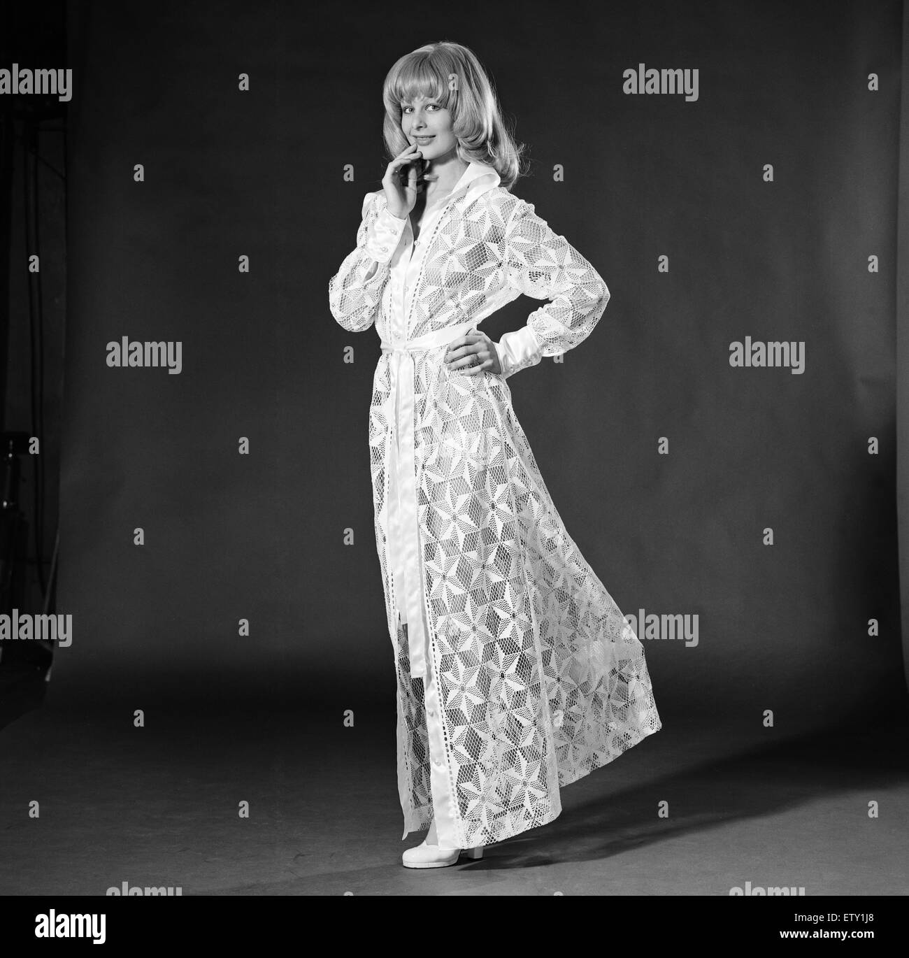 Jilly Johnson, model wearing lacy dress coat, Studio Pix, 18th March 1974. Stock Photo