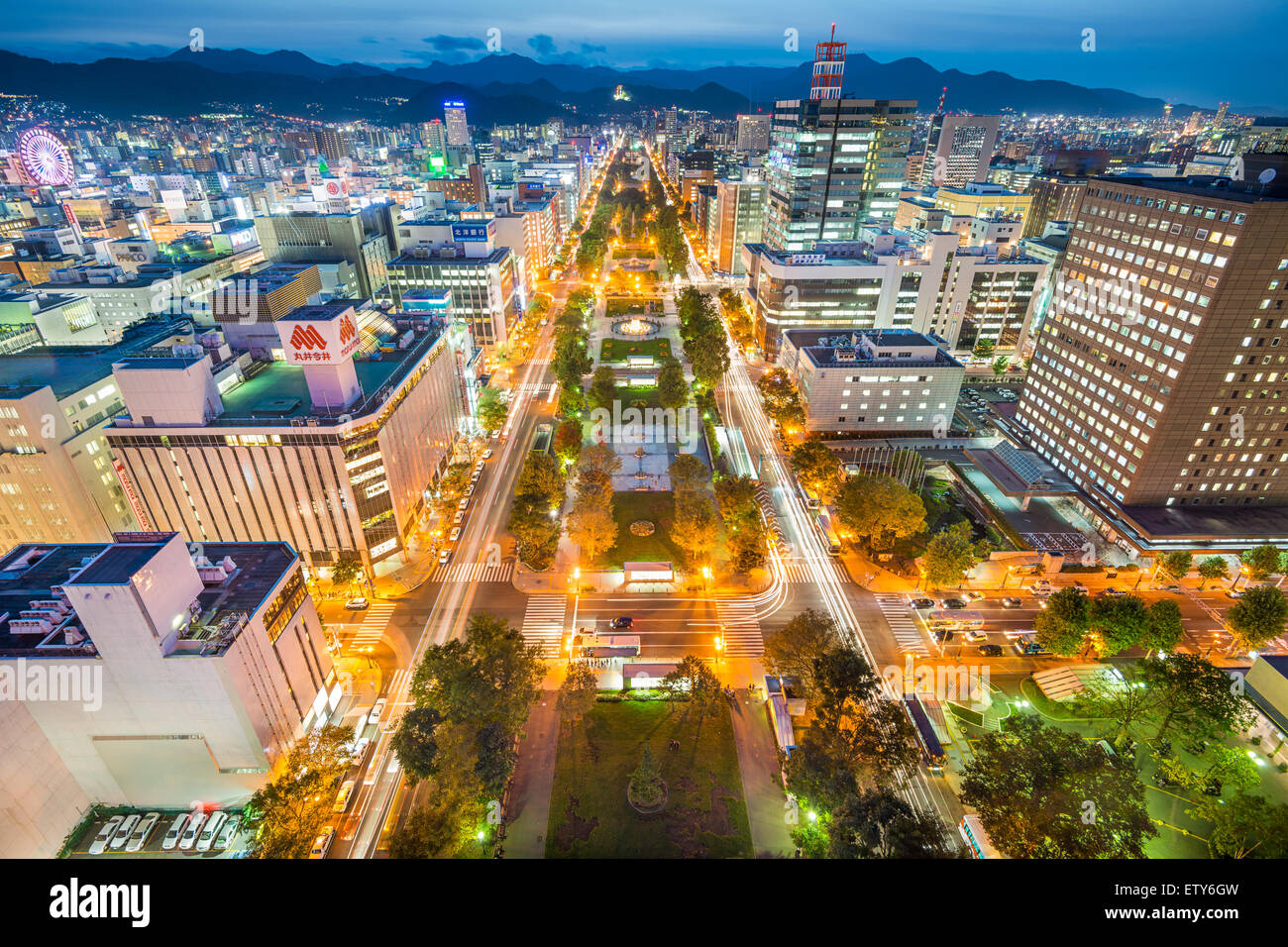 SAPPORO, JAPAN - OCTOBER 16, 2012: Sapporo cityscape over Odori Park. The city is the larges in Hokkaido. Stock Photo