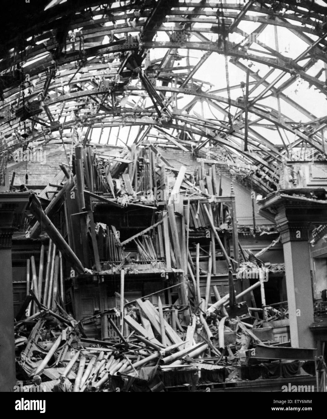Second World War in Merseyside. The ruins of the organ in Wallasey Town Hall, which was damaged by a bomb during the air raids. No one was injured. 31st August 1940. Stock Photo