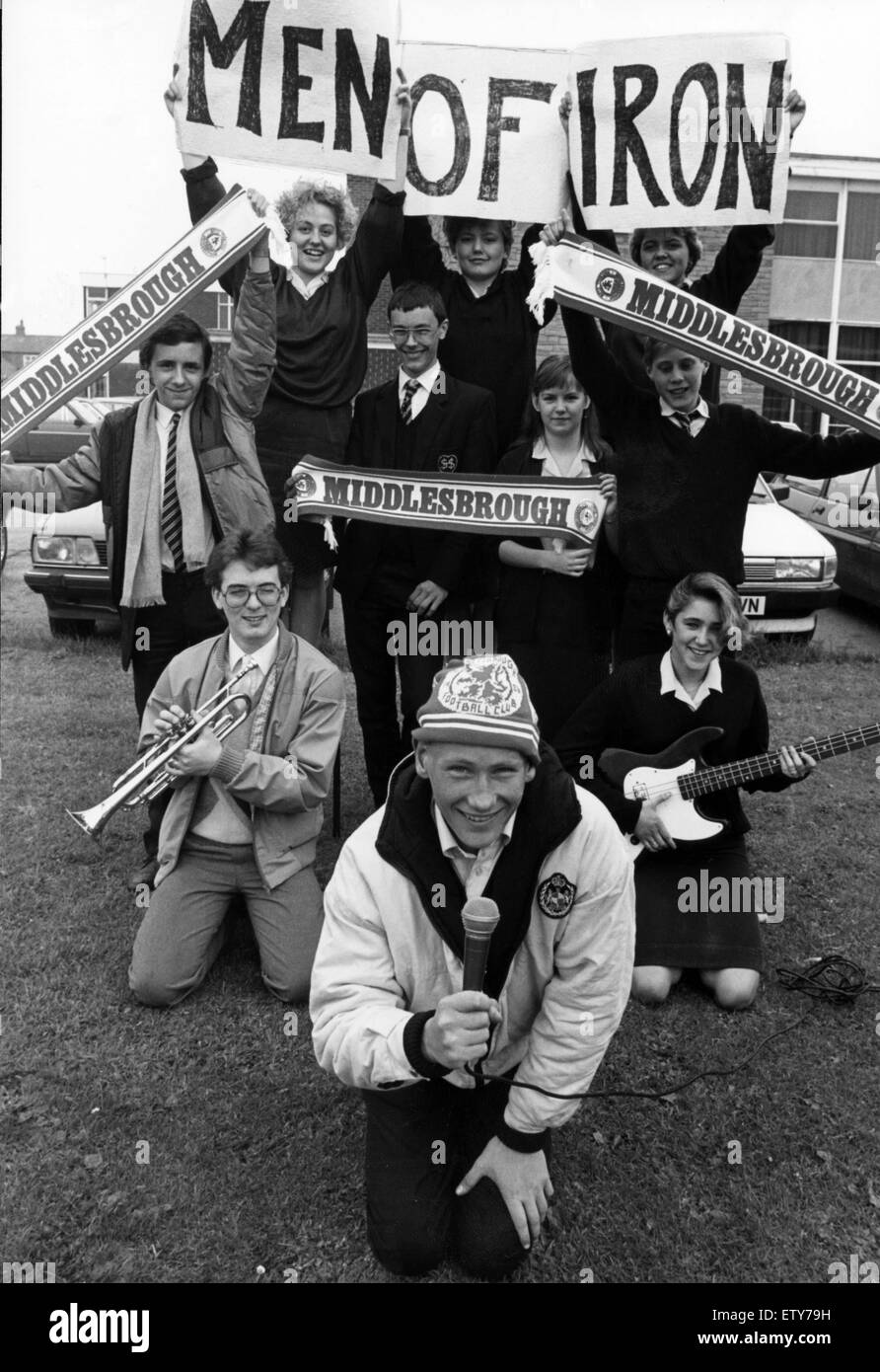 Pupils of Sacred Heart RC Secondary School in Redcar line up to practise their new pop song about Middlesbrough FC, Men of Iron. The song was composed by Edward Murphy, a teacher at the school. 13th May 1988. Stock Photo