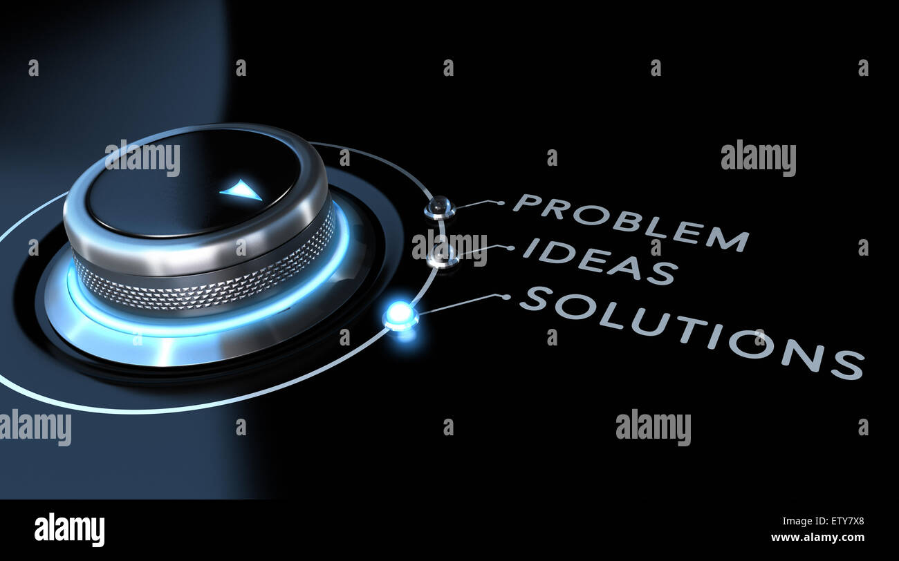 Solution switch positioned on the word solutions over black and blue background. Concept of problem solving. Stock Photo