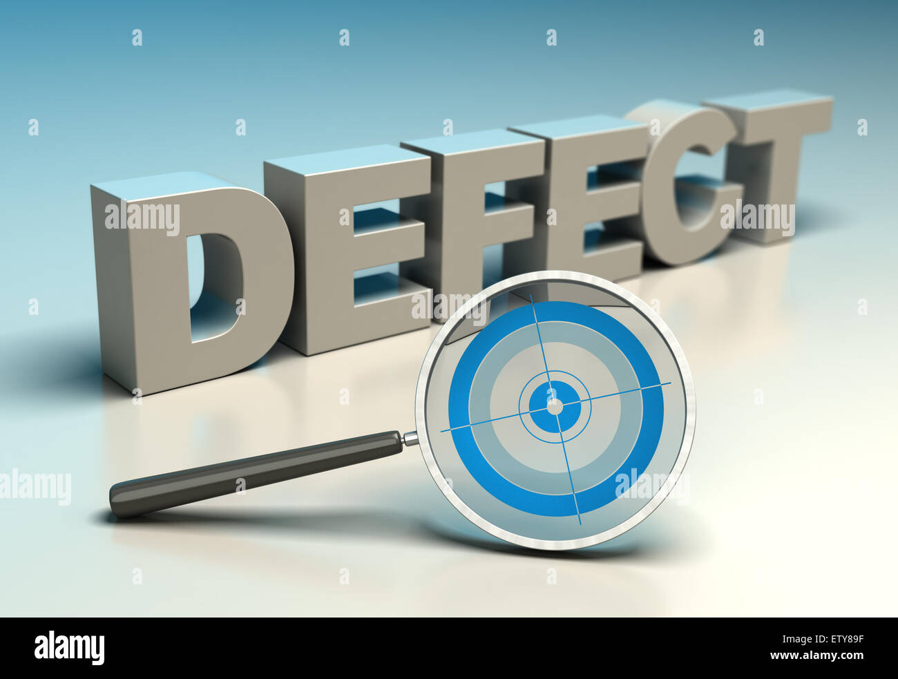 Word defect with magnifier and target. Concept of zero defects or tqm Stock Photo