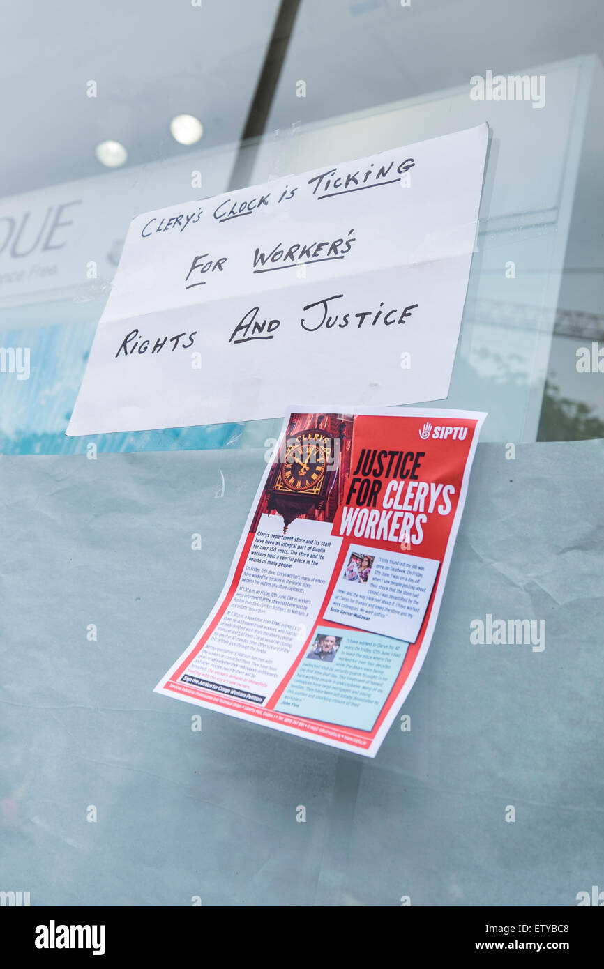 O' Connell Street, Dublin, Ireland. 16 June 2015. Demonstration outside Clery's department store to support workers who have been laid off in extremely bad circumstances. Credit:  Phil Crean A/Alamy Live News Stock Photo