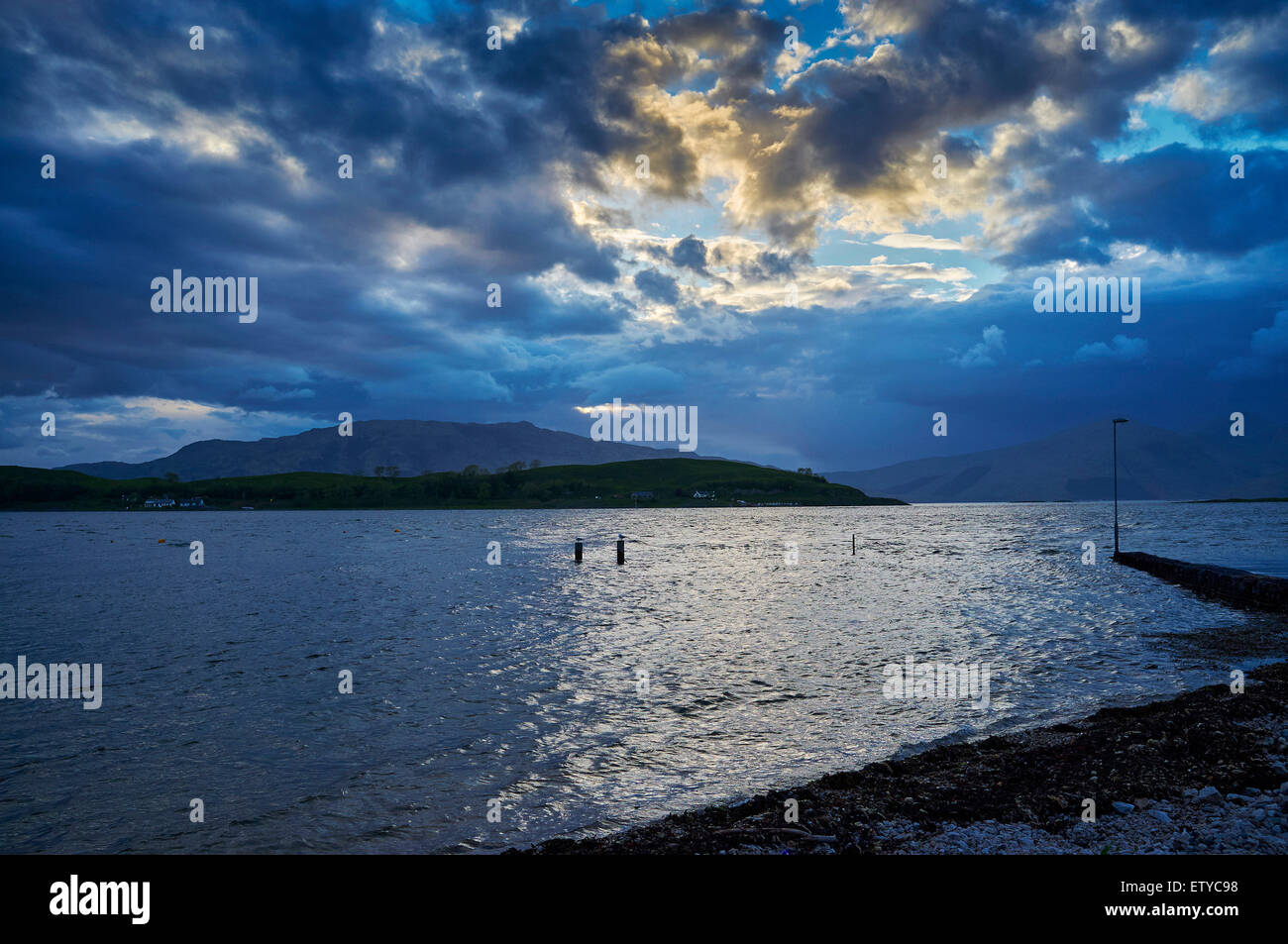 Dusk, Port Appin, Argyll, Western Scotland looking across to the island of Lismore Stock Photo