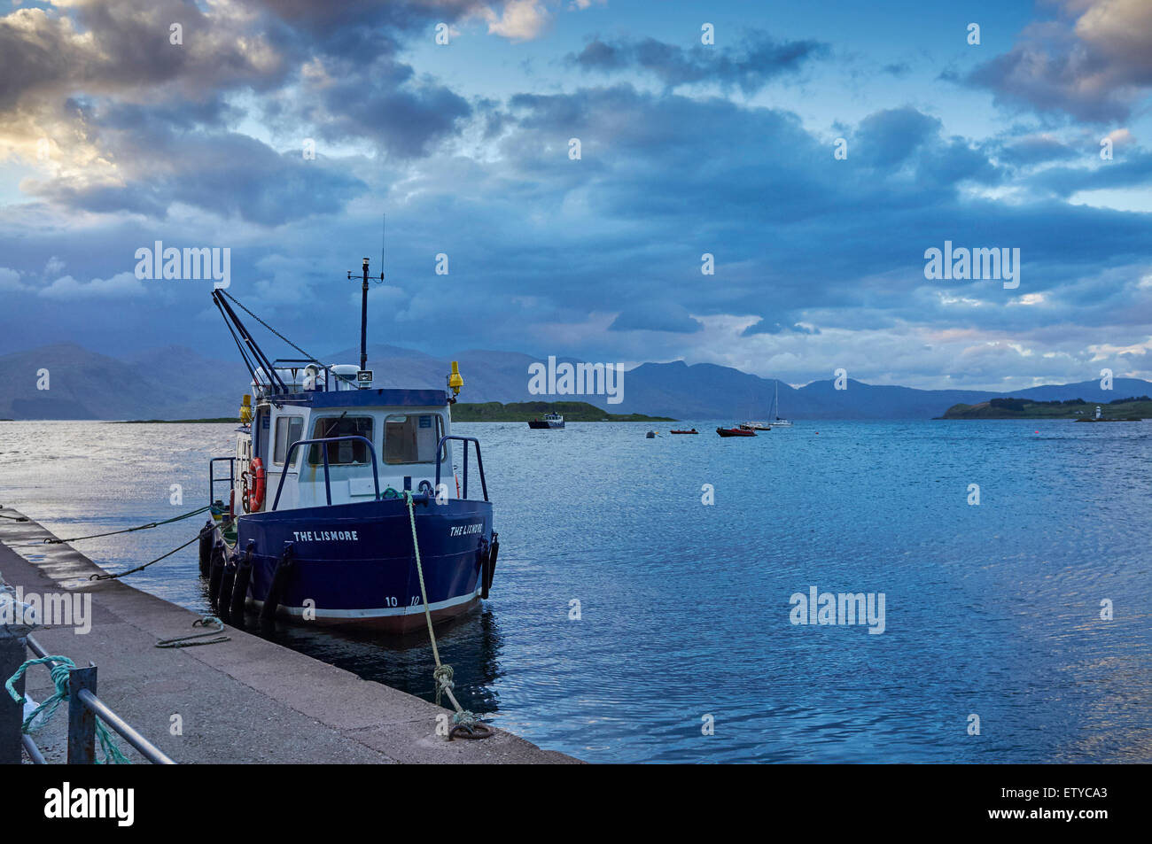 Dusk, Port Appin, Argyll, Western Scotland with the Lismore ferry docked Stock Photo