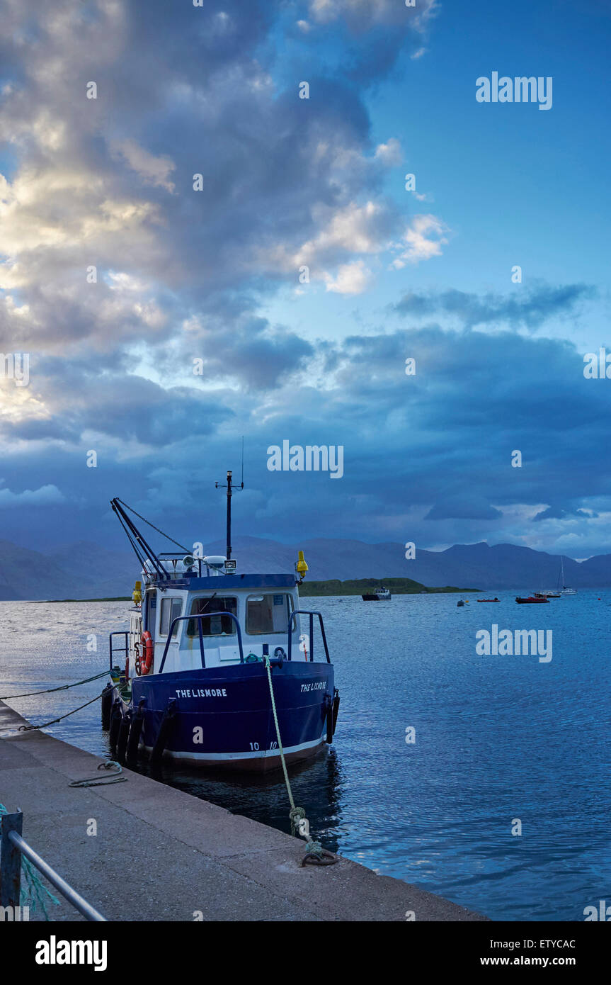 Dusk, Port Appin, Argyll, Western Scotland, with the Lismore ferry docked Stock Photo